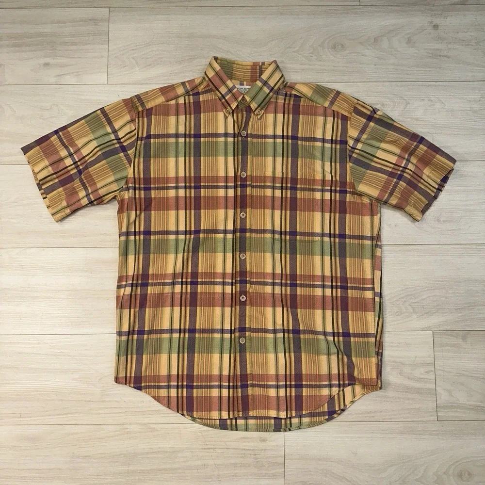 Vintage 90s Banana Republic Plaid Short Sleeve Button Up Shirt Multicolor Mens L